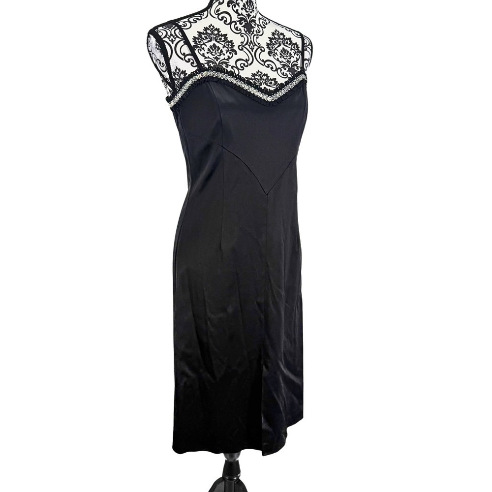 Roman Vintage Y2K 2005 Black Satin V-Sewn Waist Beaded Sweetheart Neck Dress, 42 - Picture 9 of 12